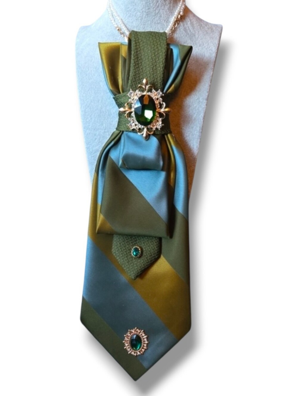 3/$60 Olive Green and Blue Cravat with Jewel Accents